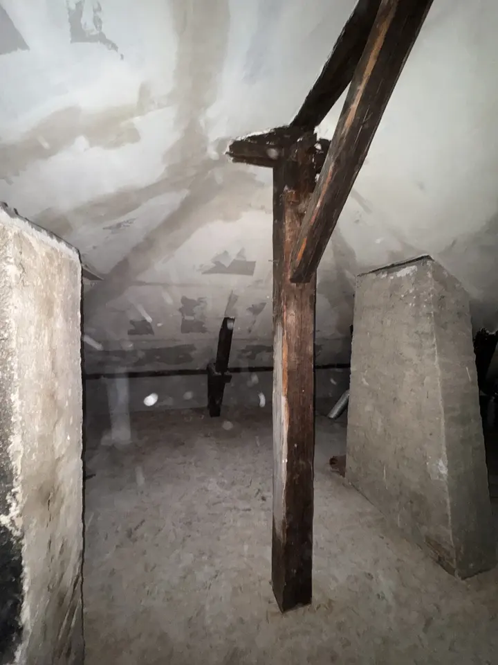 Freigelegter historischer Holzständer im entkernten Innenraum vor Beginn der Ausbauarbeiten